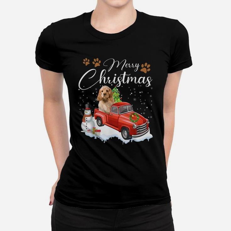 Funny Cocker Spaniel Dog Snow Red Truck Christmas Xmas Tree Sweatshirt Women T-shirt