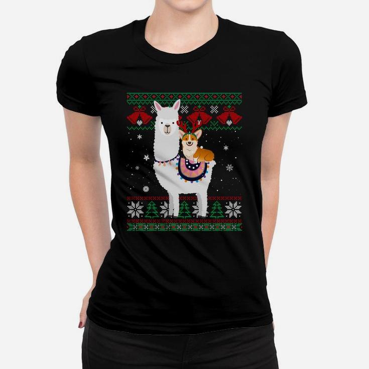 Funny Corgi Riding Llama Christmas Gifts Corgi Xmas Ugly Sweatshirt Women T-shirt
