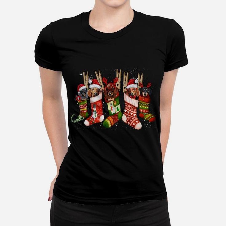 Funny Dachshund Dog In Christmas Sock Santa Hat Xmas Dog Sweatshirt Women T-shirt