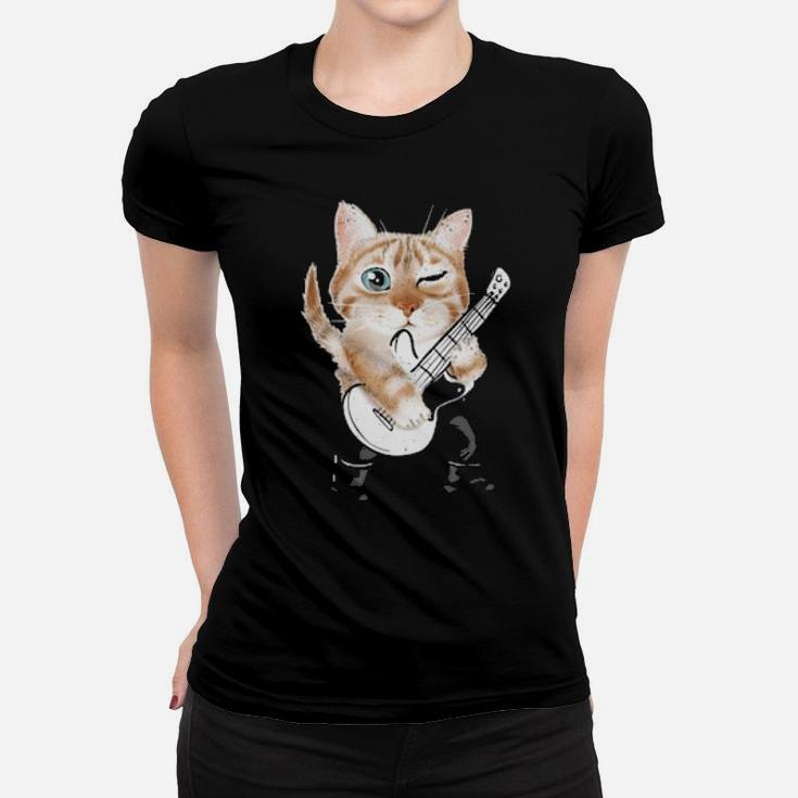Funny Distressed Retro Vintage Cat Playing Music Women T-shirt