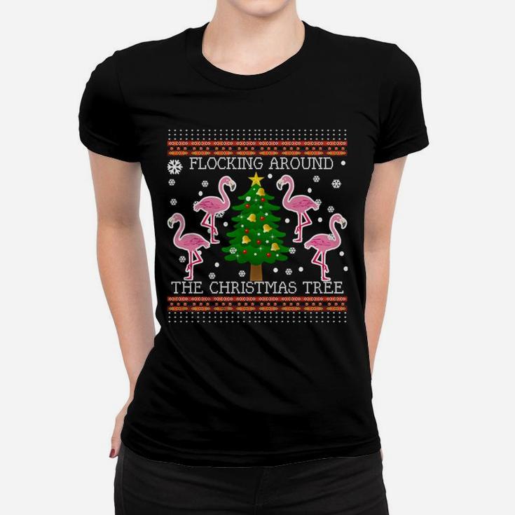 Funny Flamingo Ugly Christmas Tree Snow Sweater Jumper Women T-shirt