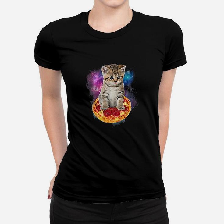 Funny Galaxy Cat  Space Cat Eat Pizza And Taco Women T-shirt