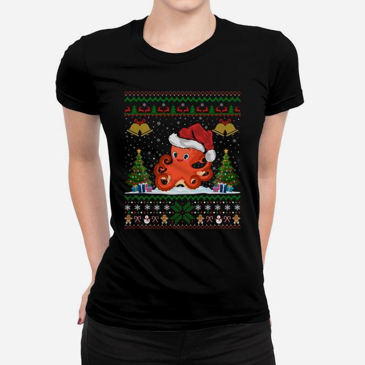Funny Octopus Xmas Gift Santa Hat Ugly Octopus Christmas Sweatshirt Women T-shirt