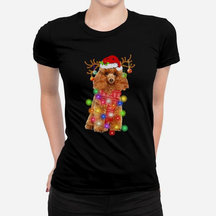 Funny Poodle Santa Hat Xmas Lights Dog Women T-shirt