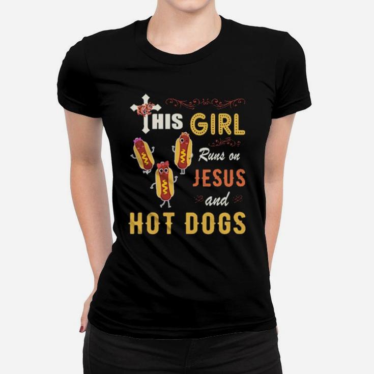 Funny Watercolor Girl Run On Jesus And Hot Dogs Women T-shirt