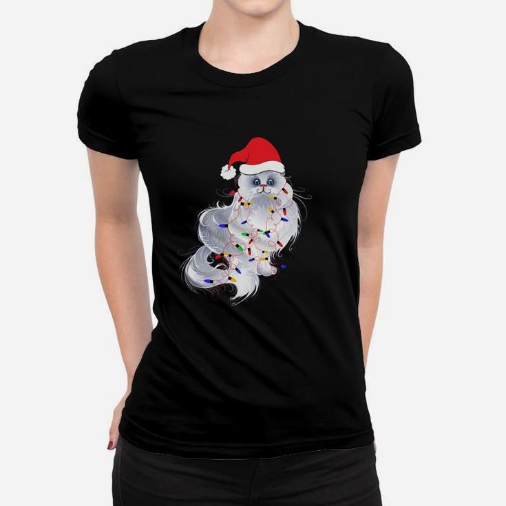 Funny Xmas Persian Cat Christmas Lights Santa Claus Hat Gift Sweatshirt Women T-shirt