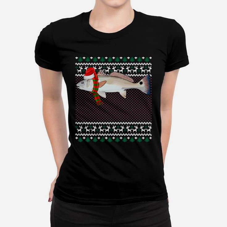Funny Xmas Santa Hat Redfish Ugly Christmas Sweatshirt Women T-shirt