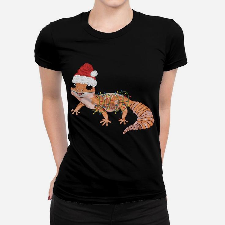 Gecko In Christmas Lights And Santa Hat Funny Gecko Graphic Women T-shirt