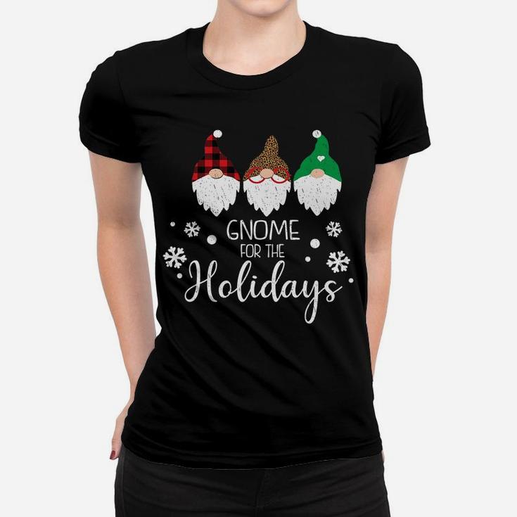 Gnome For The Holidays Cute Christmas Buffalo Plaid Cheetah Women T-shirt