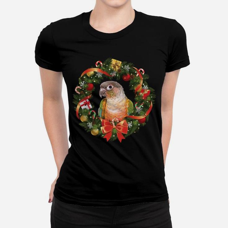 Green Cheek Conure Parrot Christmas Wreath Women T-shirt