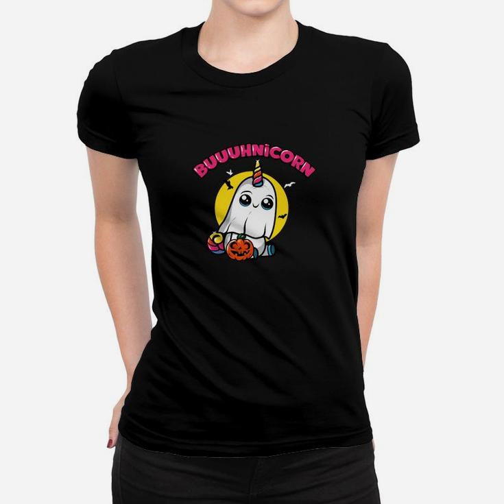 Halloween-Einhorn-Geist Schwarzes Frauen Tshirt, Boooh! Unicorn Motiv