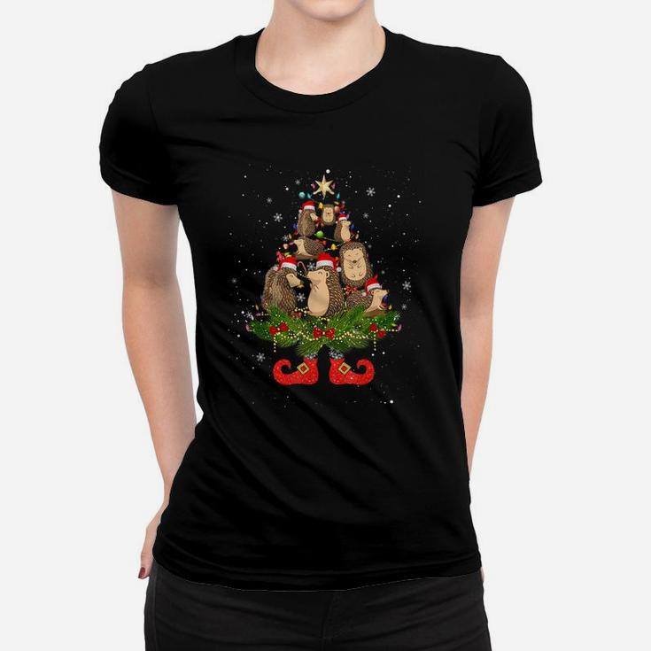 Hedgehogs Christmas Tree Lights Funny Santa Hat Lover Women T-shirt