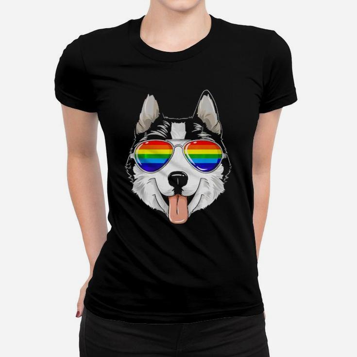 Husky Gay Pride Flag Lgbt Rainbow Sunglasses Husky Women T-shirt