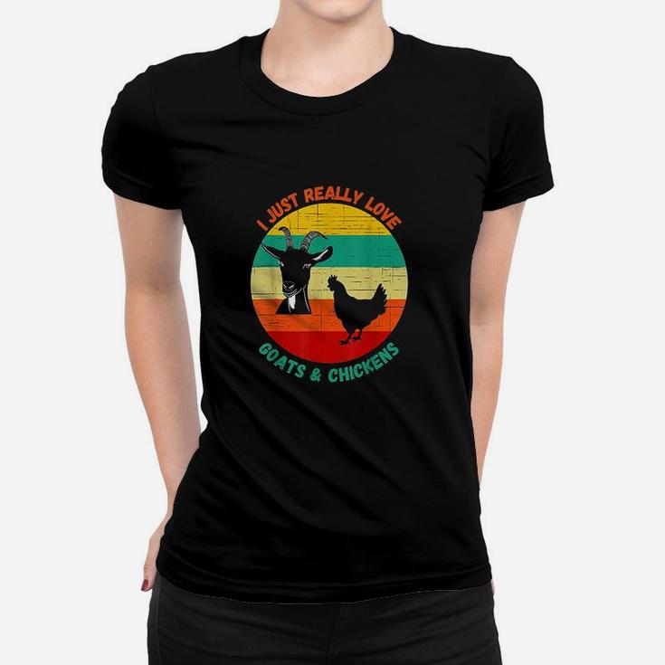 I Just Really Love Goats And Chickens Farmer Retro Sunset Women T-shirt
