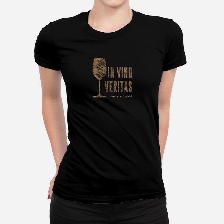 In Vino Veritas Herren Frauen Tshirt, Klassisches Weinglas-Design in Schwarz