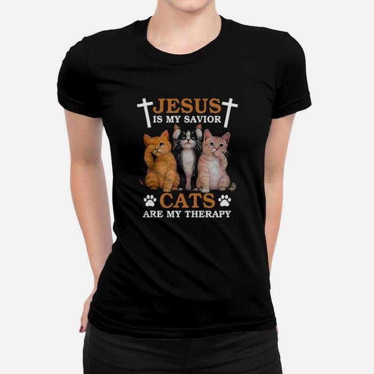 Jesus Is My Savior Cats Are My Therapy Women T-shirt