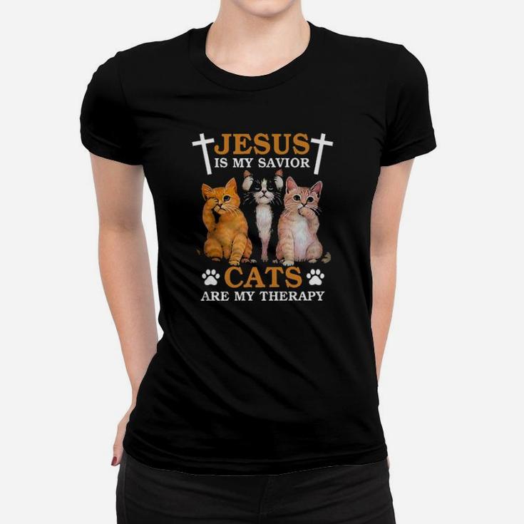 Jesus Is My Savior Cats Are My Therapy Women T-shirt