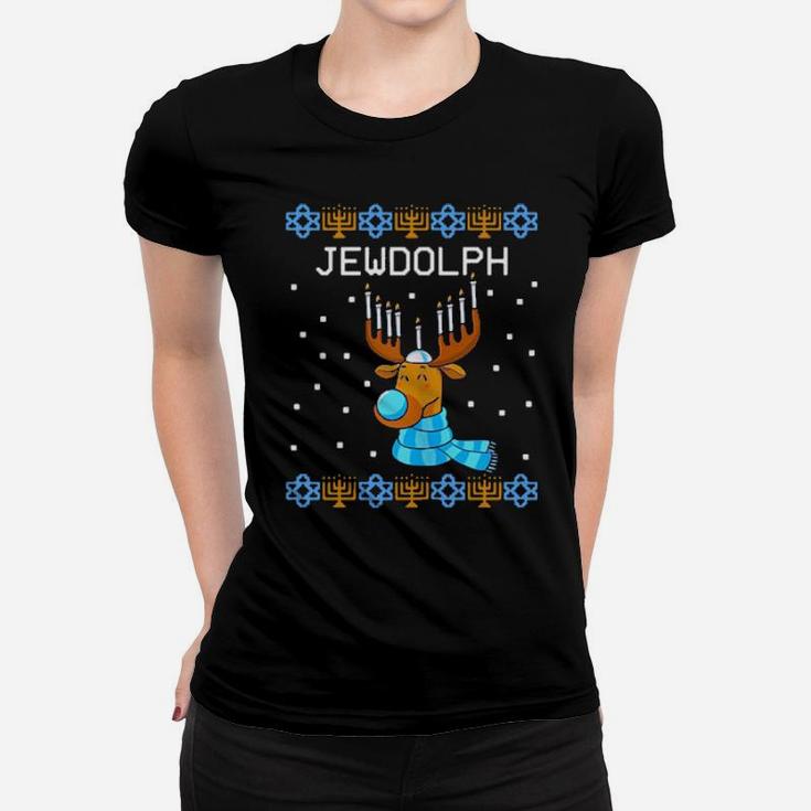 Jewdolph Ugly Hanukkah Reindeer Menorah Chanukah Women T-shirt