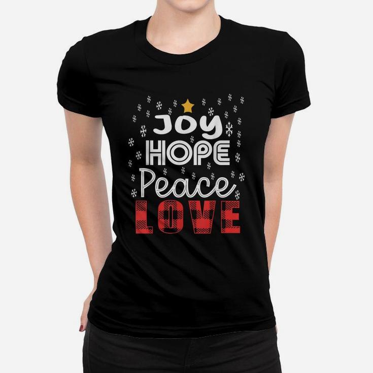 Joy Hope Peace Love Snowflakes Buffalo Plaid Text Christmas Women T-shirt
