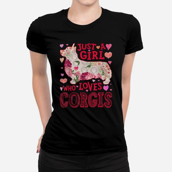 Just A Girl Who Loves Corgis Dog Silhouette Flower Floral Women T-shirt