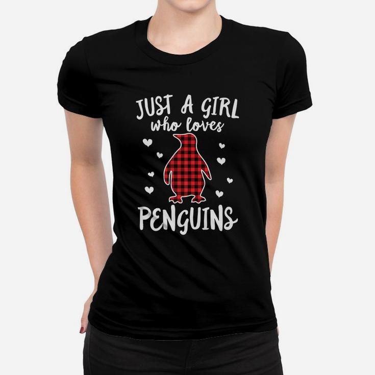 Just A Girl Who Loves Penguins Buffalo Plaid Christmas Gift Women T-shirt