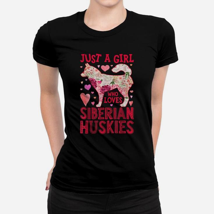 Just A Girl Who Loves Siberian Huskies Dog Silhouette Flower Women T-shirt