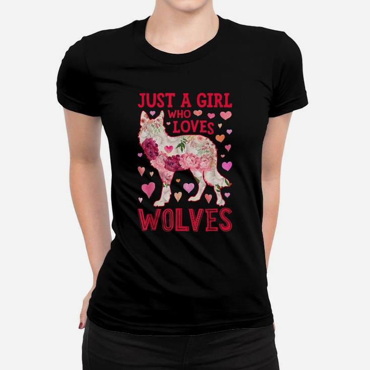 Just A Girl Who Loves Wolves Funny Wolf Silhouette Flower Women T-shirt