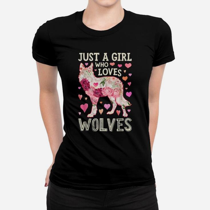 Just A Girl Who Loves Wolves Funny Wolf Silhouette Flower Women T-shirt
