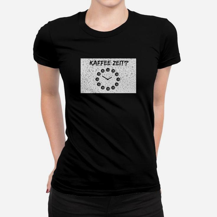 Kaffeezeit Motiv Frauen Tshirt Schwarz, Retro Punkte-Uhr Design