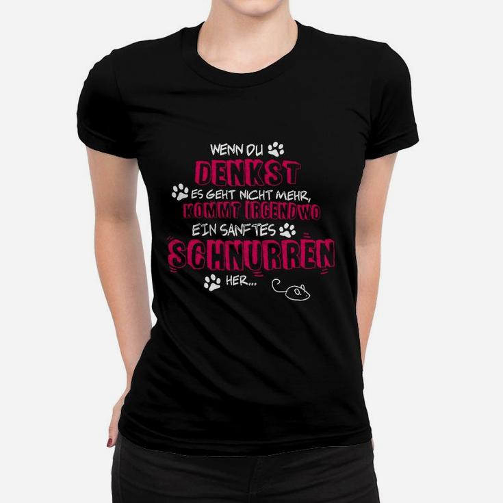 Katzenmotiv Frauen Tshirt Schwarz - Sanftes Schnurren Zitat Tee