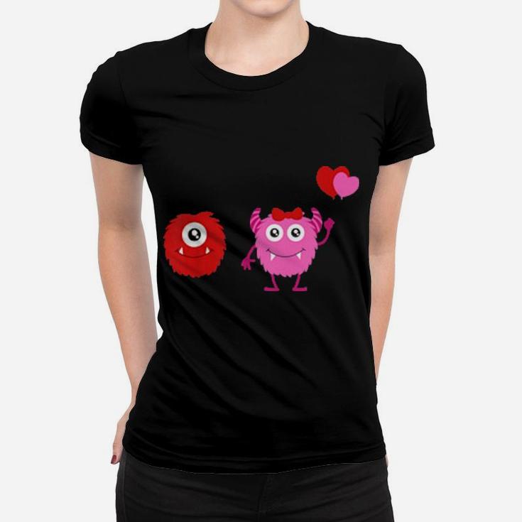 Kids Boys And Girls Valentines Day Monsters With Heart Balloons Women T-shirt