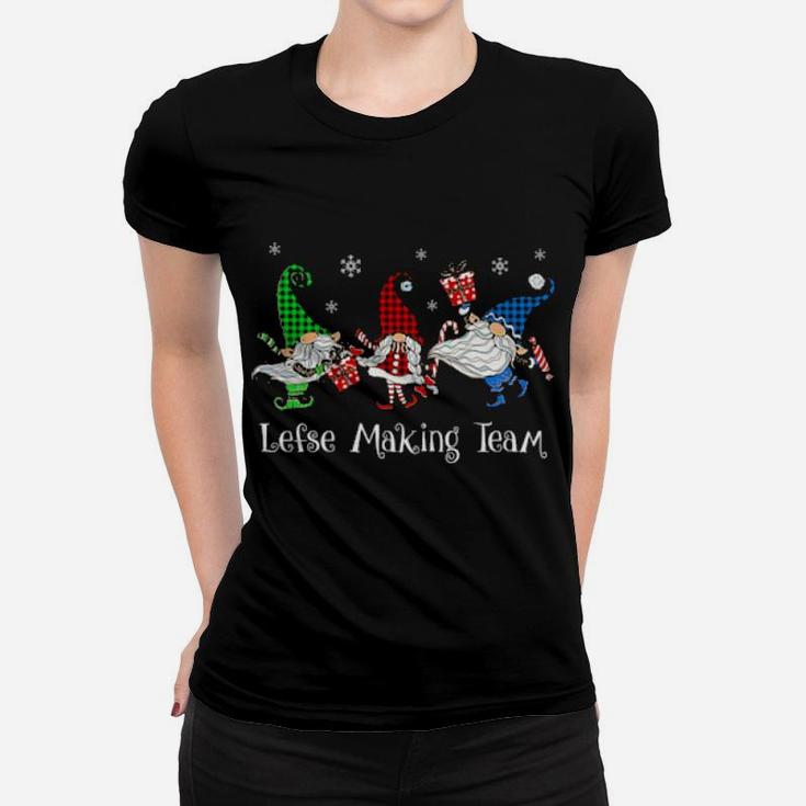 Lefse Making Rolling Team Gnome Buffalo Plaid Gnomes Xmas Gift Women T-shirt