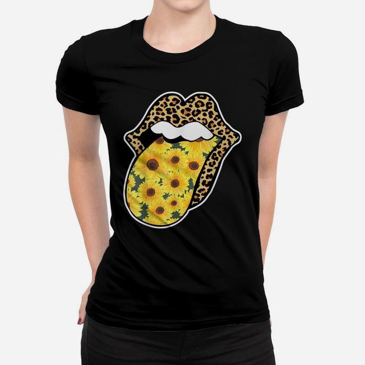 Leopard Lips Sunflower Tongue Sticking Out Flower Graphic Women T-shirt