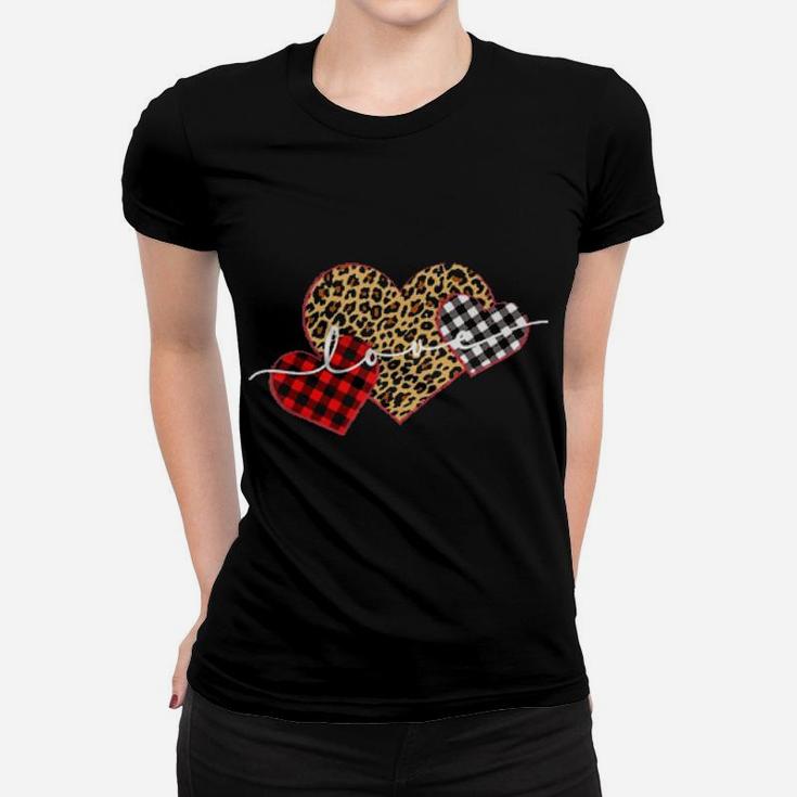 Leopard Print Buffalo Plaid Love Valentines Day Hearts Women T-shirt