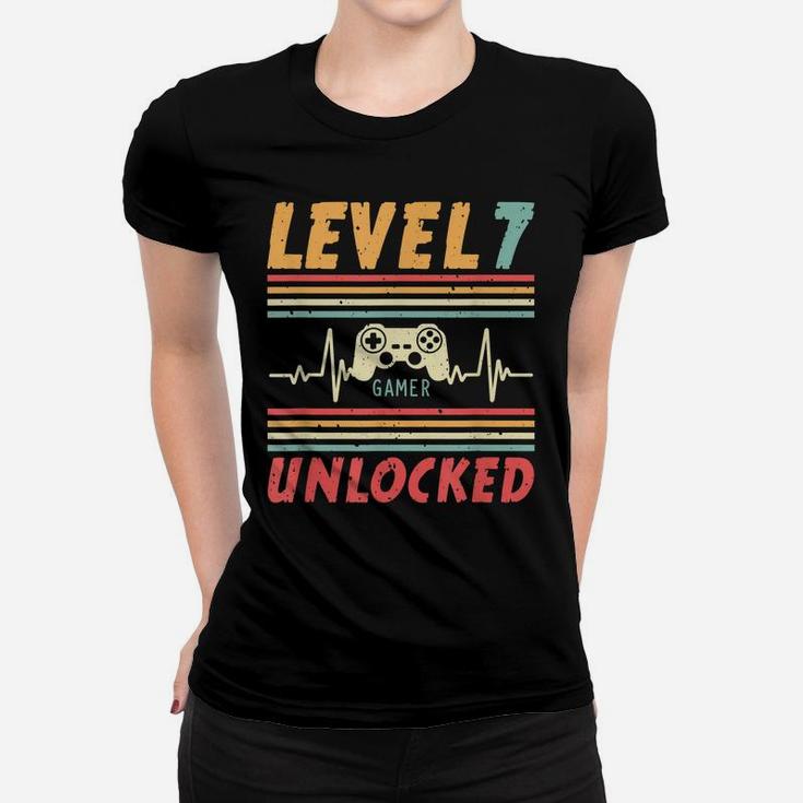 Level 7 Unlocked Gamer Heartbeat Video Game 7Th Birthday Women T-shirt