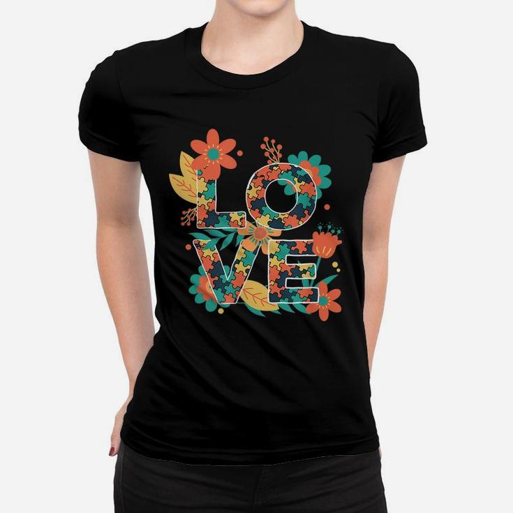 Love Autism Awareness Be Kind Puzzle Pieces And Flower Women T-shirt
