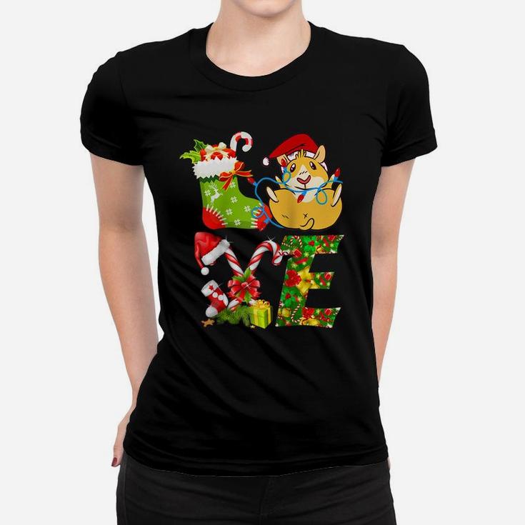 Love Guinea Pig Christmas Lights Funny Santa Hat Christmas Raglan Baseball Tee Women T-shirt