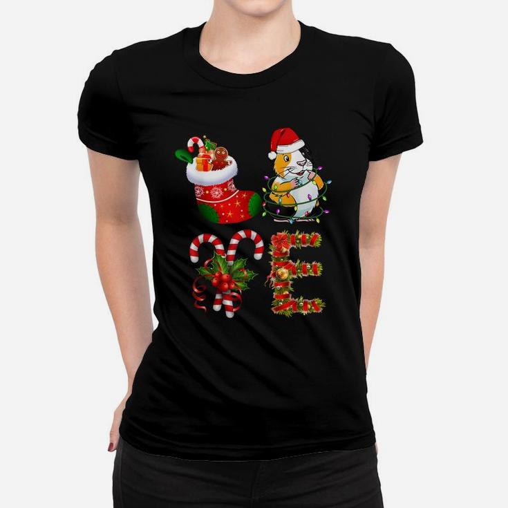 Love Guinea Pig Christmas Lights Funny Santa Hat Christmas Women T-shirt