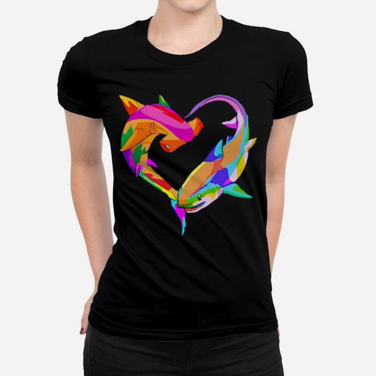 Love Heart Shark Valentine's Day I Love Sharks Colorful Women T-shirt