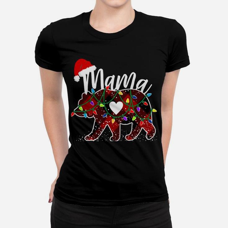 Mama Bear Christmas Red Buffalo Plaid With Santa Hat Lights Women T-shirt