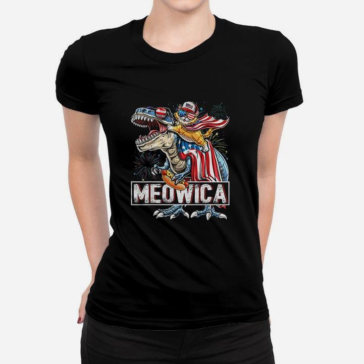 Meowica Cat T Rex Dinosaur 4Th Of July American Flag Kids Women T-shirt