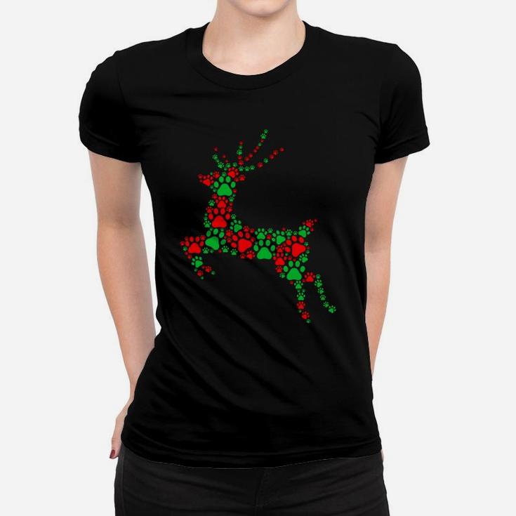 Merry Christmas Gifts - Cat & Dog Paw Print Santa Reindeer Women T-shirt
