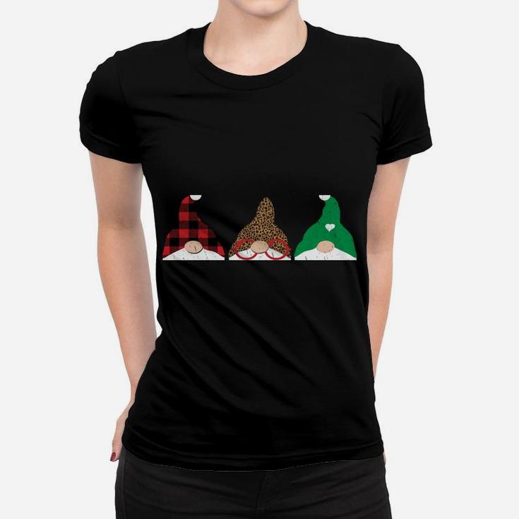 Merry Christmas Gnomes Cute Buffalo Plaid Cheetah Print Gift Women T-shirt