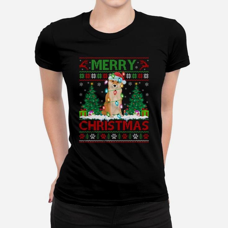 Merry Christmas Lighting Ugly Shiba Inu Christmas Sweatshirt Women T-shirt