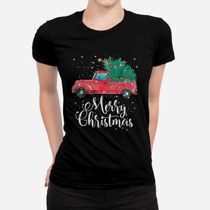 Merry Christmas Red Truck Pick Up Tree Family Pajama Gift Women T-shirt