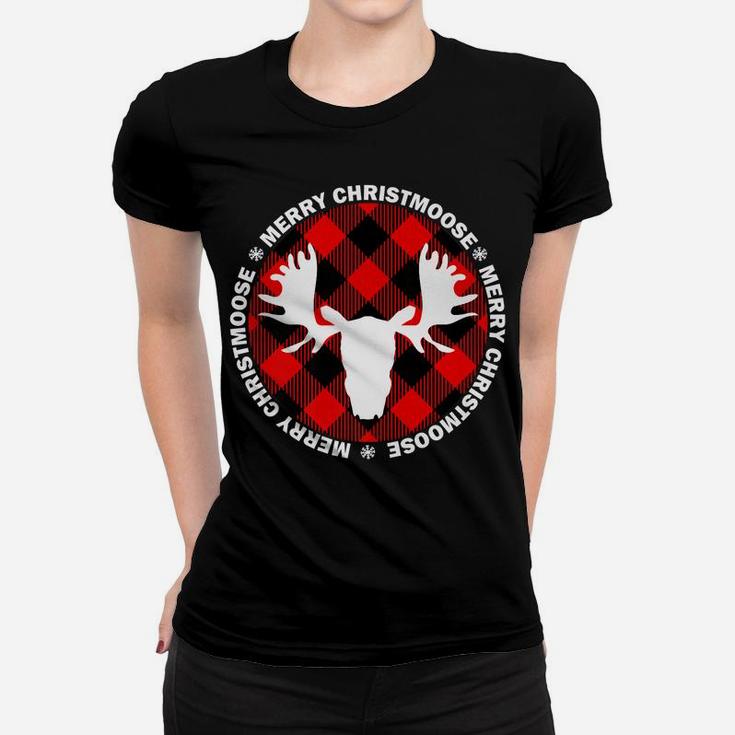 Merry Christmoose Buffallo Plaid Funny Moose Christmas Pj Women T-shirt