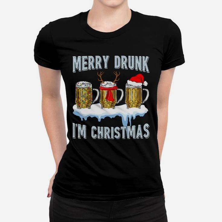 Merry Drunk I'm Christmas Funny Beer Xmas Santa Reindeer Women T-shirt