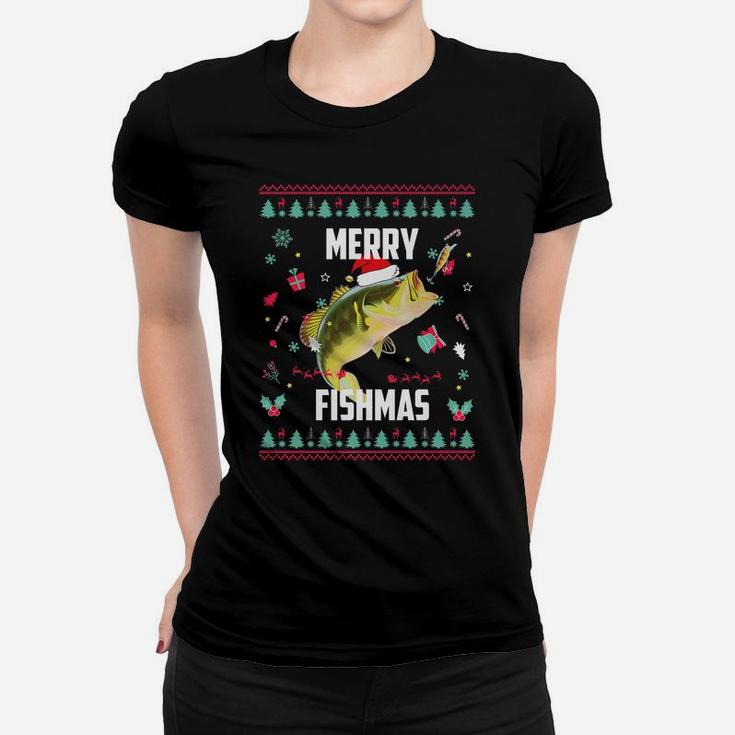 Merry Fishmas Ugly Christmas Bass Santa Hat Christmas Pajama Women T-shirt