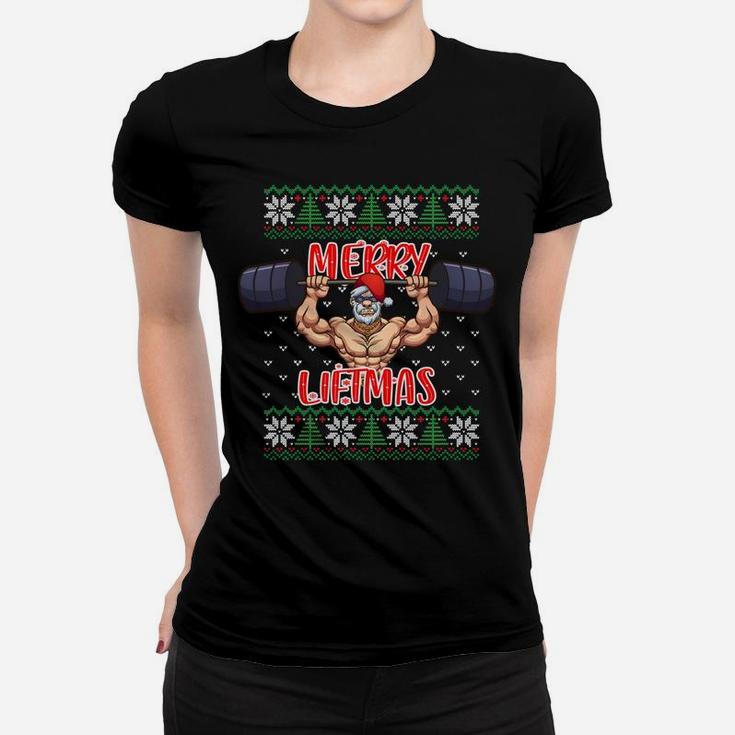 Merry Liftmas Ugly Christmas Sweater Santa Claus Gym Workout Sweatshirt Women T-shirt