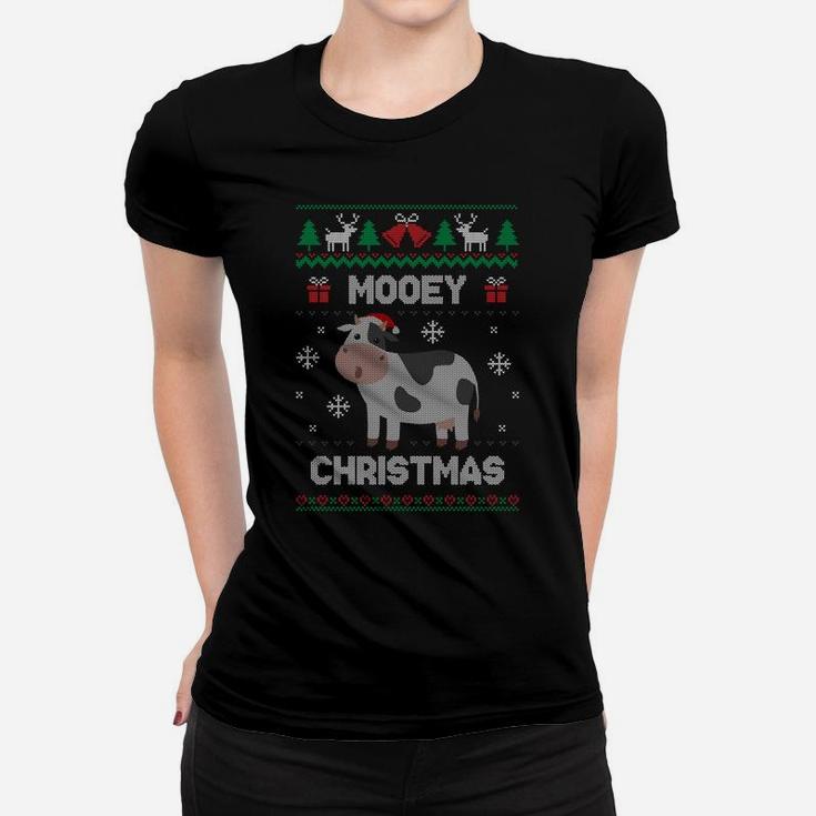 Mooey Christmas Cow Santa Claus Hat Ugly Christmas Sweater Sweatshirt Women T-shirt